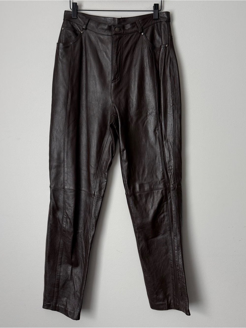 Vintage Dark Brown Leather Straight-Leg Pants